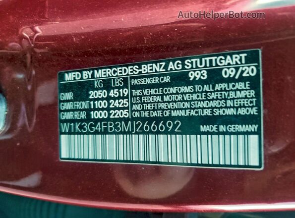 W1K3G4FB3MJ266692 2021 MERCEDES-BENZ A-CLASS Красный 