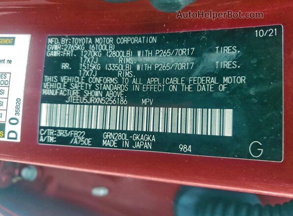 JTEEU5JRXN5256186 2022 TOYOTA 4RUNNER Красный Вид наклейки с VIN-кодом