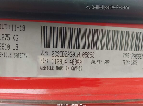 2C3CDZAG0LH105899 2020 DODGE CHALLENGER Orange Vista del compartimento del motor