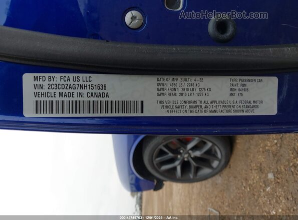 2C3CDZAG7NH151636 2022 DODGE CHALLENGER Blue Engine compartment view