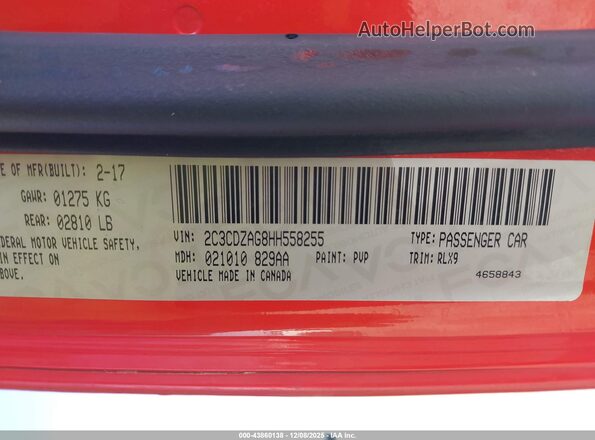 2C3CDZAG8HH558255 2017 DODGE CHALLENGER Orange Շարժիչի բաժամունքի տեսք