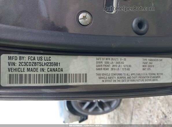 2C3CDZBT5LH235981 2020 DODGE CHALLENGER Gray Vista del compartimento del motor
