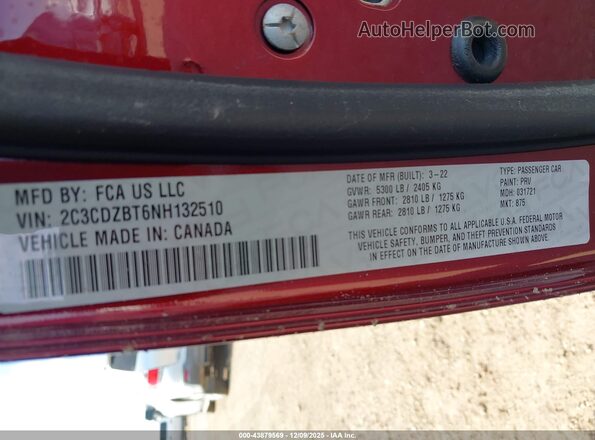 2C3CDZBT6NH132510 2022 DODGE CHALLENGER Maroon Вид підкапотного простору