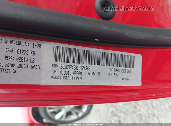 2C3CDZKG8LH124960 2020 DODGE CHALLENGER Red ძრავის განყოფილების ხედი