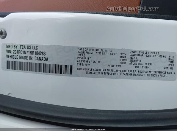 2C4RC1N71RR104283 2024 CHRYSLER PACIFICA White ძრავის განყოფილების ხედი