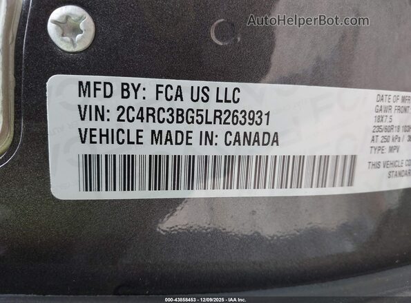 2C4RC3BG5LR263931 2020 CHRYSLER PACIFICA Gray Vista del compartimento del motor