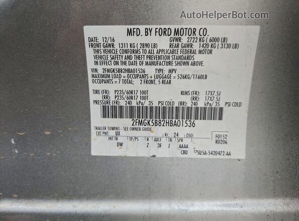 2FMGK5B82HBA01536 2017 FORD FLEX Серебряный 