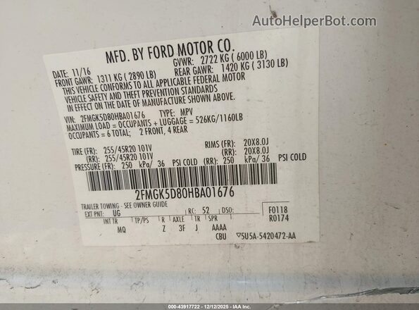2FMGK5D80HBA01676 2017 FORD FLEX Белый Вид подкапотного пространства