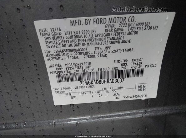 2FMGK5D80HBA03007 2017 FORD FLEX Gray Widok komory silnika