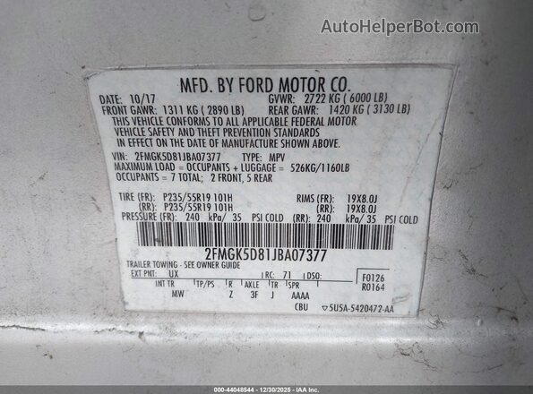 2FMGK5D81JBA07377 2018 FORD FLEX Silver Вид підкапотного простору