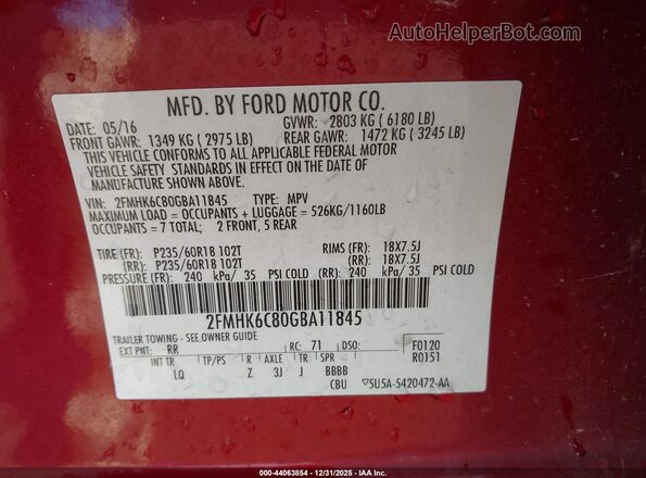 2FMHK6C80GBA11845 2016 FORD FLEX Red Engine compartment view