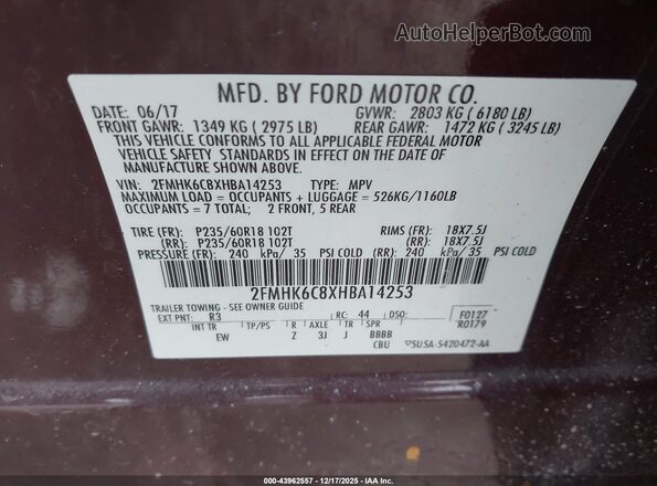 2FMHK6C8XHBA14253 2017 FORD FLEX Maroon Vista del compartimento del motor