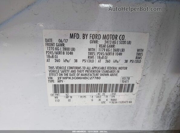 2FMPK3G96HBC27780 2017 FORD EDGE White Engine compartment view