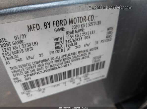 2FMPK3J92MBA04011 2021 FORD EDGE Silver Widok komory silnika