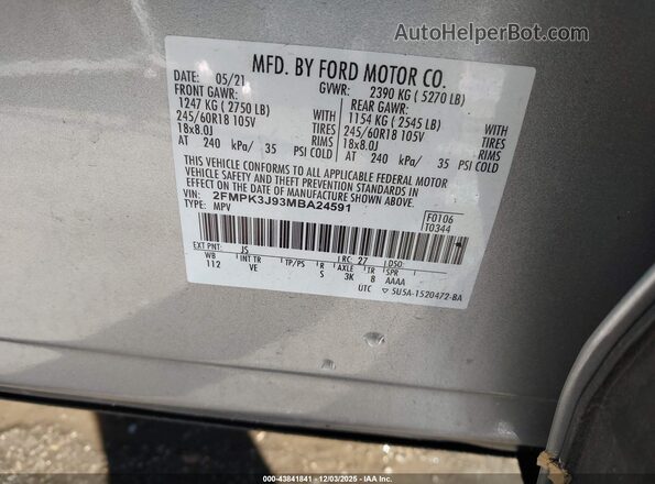 2FMPK3J93MBA24591 2021 FORD EDGE Серебряный 