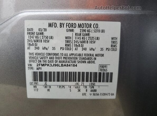 2FMPK3J96LBA84184 2020 FORD EDGE Gray VIN კოდის სტიკერის ხედი
