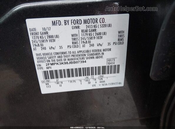 2FMPK3K98JBB07394 2018 FORD EDGE Серый Вид задних сидений