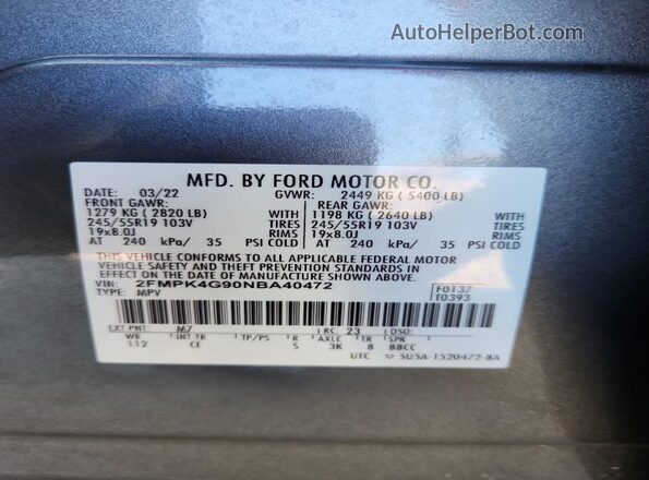 2FMPK4G90NBA40472 2022 FORD EDGE Gray 