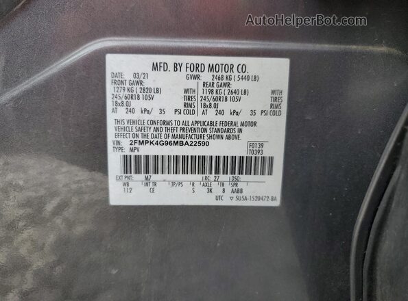 2FMPK4G96MBA22590 2021 FORD EDGE Gray 360 interior view