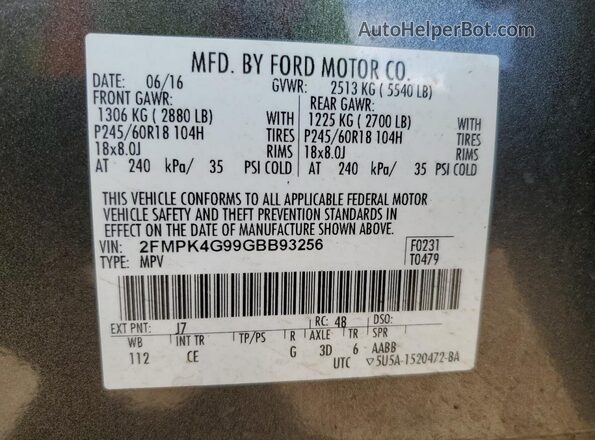 2FMPK4G99GBB93256 2016 FORD EDGE Серый Вид наклейки с VIN-кодом