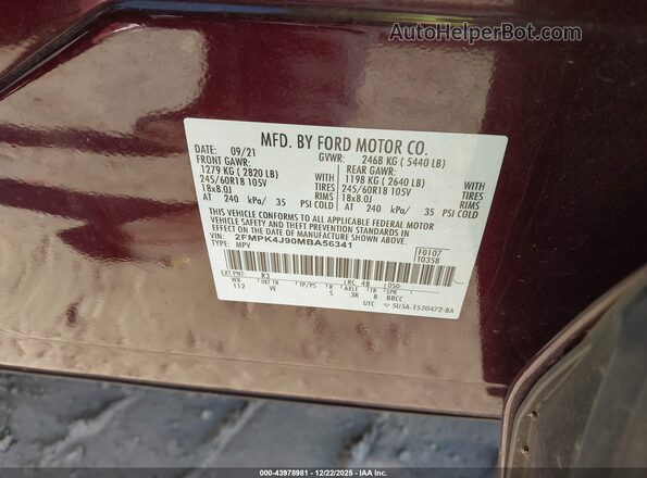 2FMPK4J90MBA56341 2021 FORD EDGE Бордовый Вид подкапотного пространства
