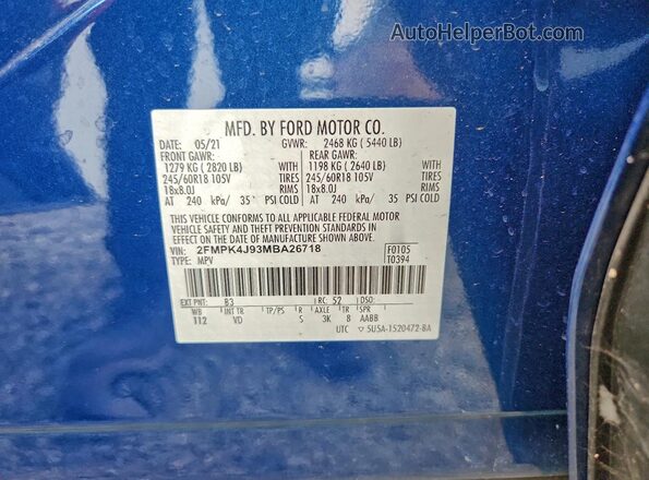 2FMPK4J93MBA26718 2021 FORD EDGE Blue VIN sticker view
