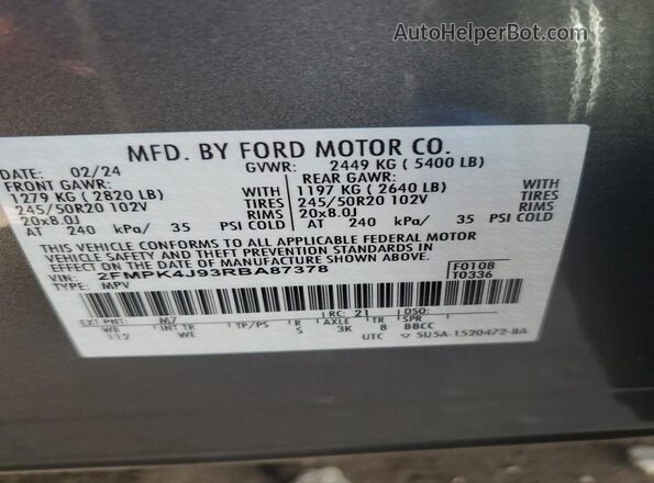 2FMPK4J93RBA87378 2024 FORD EDGE Gray VIN կոդի պիտակի տեսք
