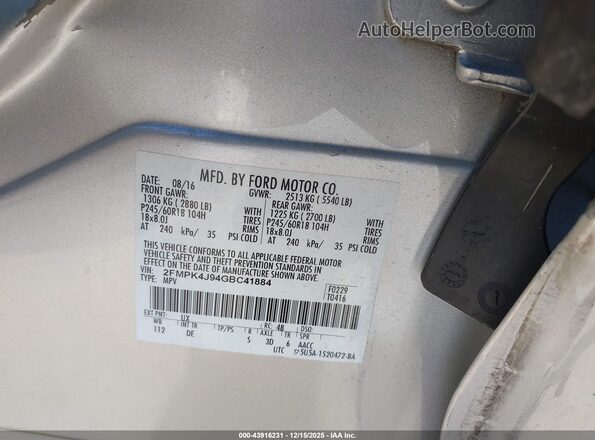 2FMPK4J94GBC41884 2016 FORD EDGE Silver ძრავის განყოფილების ხედი