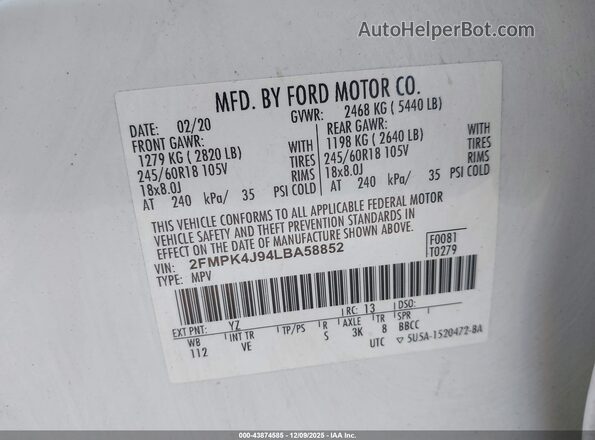2FMPK4J94LBA58852 2020 FORD EDGE White Vista del compartimento del motor
