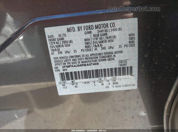 2FMPK4J94RBA07408 2024 FORD EDGE Gray Вид підкапотного простору