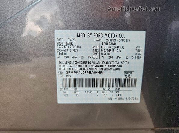 2FMPK4J97PBA06458 2023 FORD EDGE Gray VIN կոդի պիտակի տեսք