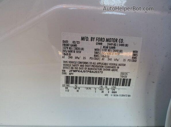 2FMPK4J97PBA20375 2023 FORD EDGE White Engine compartment view