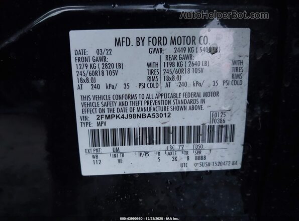 2FMPK4J98NBA53012 2022 FORD EDGE Black Engine compartment view