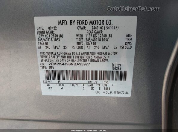 2FMPK4J98NBA93977 2022 FORD EDGE Silver Widok komory silnika