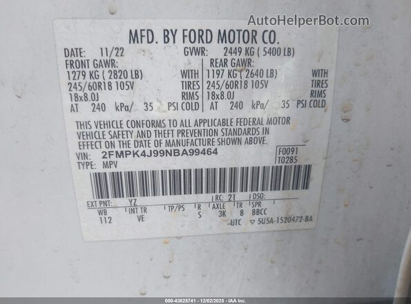 2FMPK4J99NBA99464 2022 FORD EDGE White Widok komory silnika
