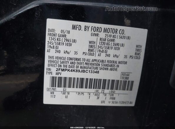 2FMPK4K89JBC13348 2018 FORD EDGE Black Вид підкапотного простору