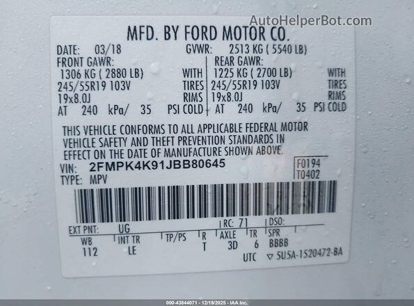 2FMPK4K91JBB80645 2018 FORD EDGE White Engine compartment view