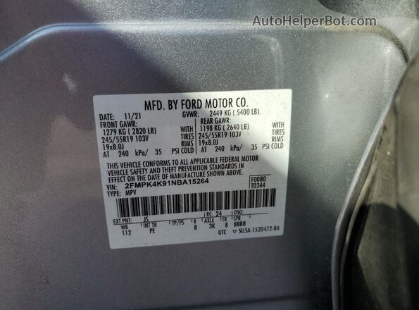 2FMPK4K91NBA15264 2022 FORD EDGE Silver VIN კოდის სტიკერის ხედი