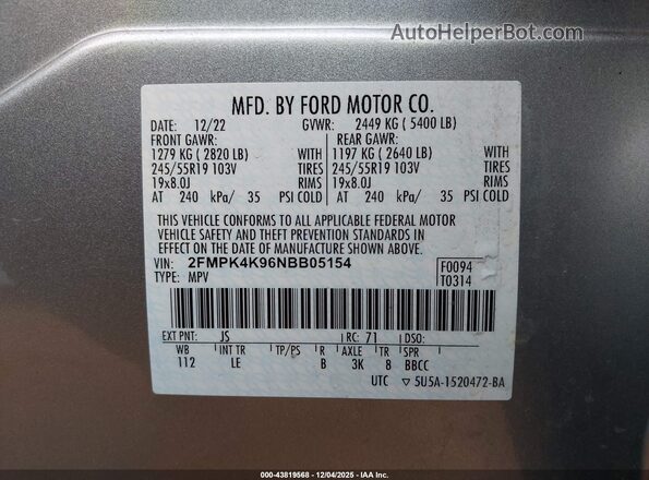2FMPK4K96NBB05154 2022 FORD EDGE Серебряный 