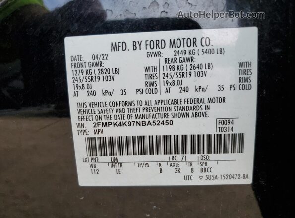 2FMPK4K97NBA52450 2022 FORD EDGE Black 