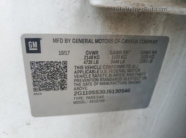 2G1105S30J9130546 2018 CHEVROLET IMPALA White VIN կոդի պիտակի տեսք