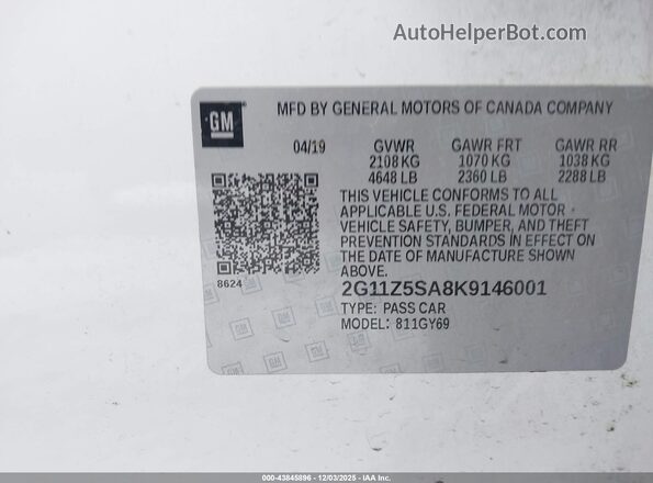 2G11Z5SA8K9146001 2019 CHEVROLET IMPALA White Widok komory silnika