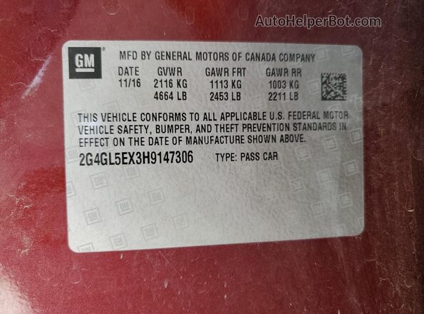 2G4GL5EX3H9147306 2017 BUICK REGAL Maroon Engine compartment view