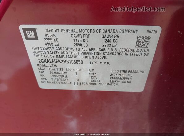2GKALMEK2H6105658 2017 GMC TERRAIN Maroon ძრავის განყოფილების ხედი