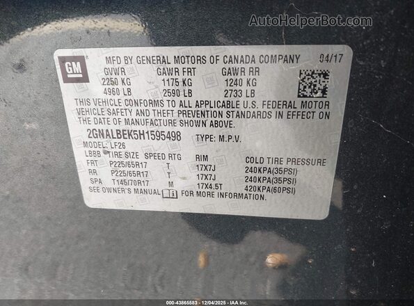 2GNALBEK5H1595498 2017 CHEVROLET EQUINOX Gray ძრავის განყოფილების ხედი
