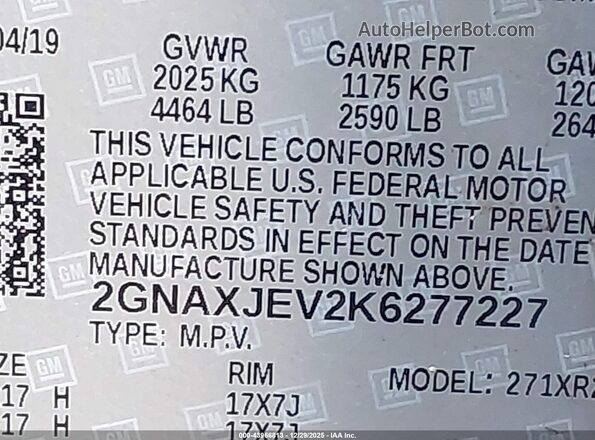 2GNAXJEV2K6277227 2019 CHEVROLET EQUINOX Silver Вид підкапотного простору