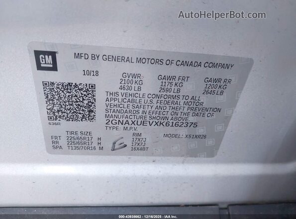 2GNAXUEVXK6162375 2019 CHEVROLET EQUINOX Silver Вид підкапотного простору