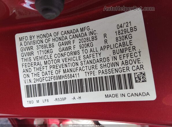 2HGFC2F69MH558411 2021 HONDA CIVIC Orange Engine compartment view