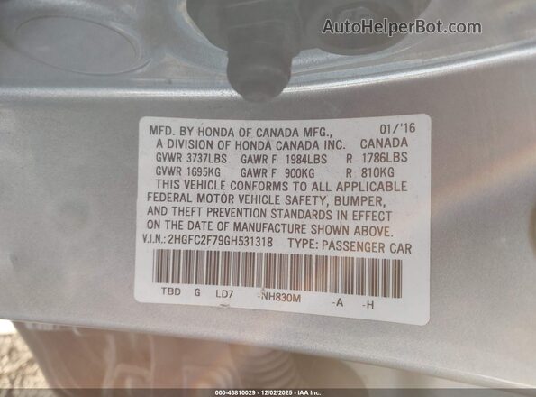 2HGFC2F79GH531318 2016 HONDA CIVIC Silver Widok komory silnika