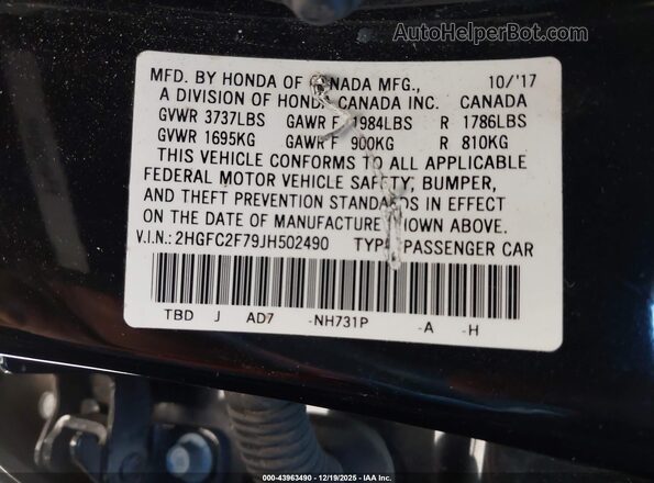 2HGFC2F79JH502490 2018 HONDA CIVIC Black ძრავის განყოფილების ხედი